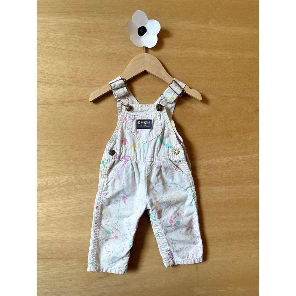 OshKosh Bgosh  VTG Kids Colorful Paint Splatter Overalls Playful Denim Jumpsuit